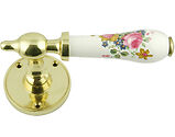 Chatsworth White Rose Porcelain Door Handle, Polished Brass Round Rose - PBBUL32-WHI-ROSE