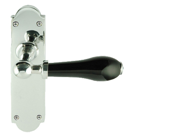 Chatsworth Black Porcelain Door Handles, Polished Chrome Backplate - PCBUL29-BLK (sold in pairs)