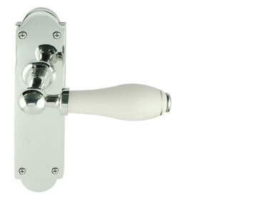 Chatsworth White Porcelain With Single Chrome Line Door Handles, Polished Chrome Backplate - PCBUL29-WHI-1CL (sold in pairs)