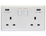 Carlisle Brass Eurolite Enhance White 13 Amp 2 Gang Switched Socket With Dual USB Chargers (5V DC 2.1A), White Plastic - PL4620