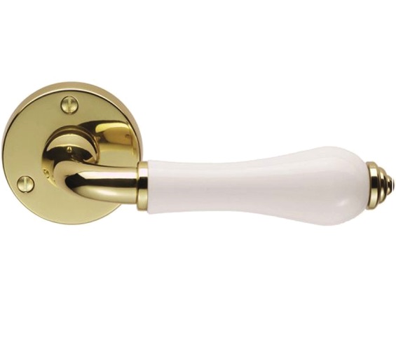 Carlisle Brass Porcelain Door Handles On Round Rose, Plain White On  Polished Brass Rose - PLW (sold in pairs) from Door Handle Company