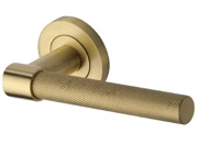 Heritage Brass Phoenix Knurled Door Handles On Round Rose, Satin Brass - RS2018-SB (sold in pairs)