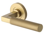 Heritage Brass Signac Knurled Door Handles On Round Rose, Satin Brass - RS2260-SB (sold in pairs)