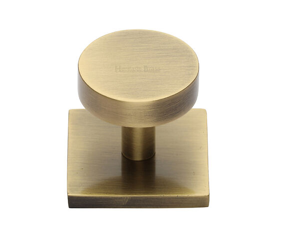 Heritage Brass Smooth Disc Cabinet Knob On Square Backplate (32mm Knob,  38mm Base), Antique Brass - SQ3880-AT from Door Handle Company