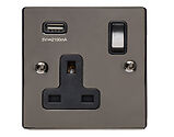 M Marcus Electrical Elite Flat Plate 1 Gang 13 AMP USB Switched Socket, Black Nickel - T06.740.BK-USB