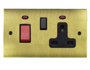 M Marcus Electrical Elite Flat Plate Cooker Switch (With Socket & Neons), Antique Brass, Black Trim - T91.962.BK