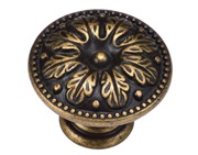 Heritage Brass Floral Round Cabinet Knob (30mm OR 35mm), Distressed Brass - TK4479-030-DBS
