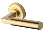 Heritage Brass Bauhaus Door Handles On Round Rose, Satin Brass - V2259-SB (sold in pairs)