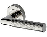 Heritage Brass Bauhaus Mitre Knurled Design Door Handles On Round Rose, Polished Nickel - V2272-PNF (sold in pairs)