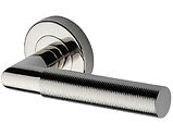 Heritage Brass Bauhaus Mitre Reeded Design Door Handles On Round Rose, Polished Nickel - V2274-PNF (sold in pairs)