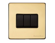 M Marcus Electrical Vintage 3 Gang 2 Way Switch, Polished Brass With Black Switch - X01.120.BK