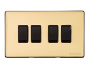 M Marcus Electrical Vintage 4 Gang 2 Way Switch, Polished Brass With Black Switch - X01.130.BK