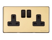 M Marcus Electrical Vintage Double 13 AMP Switched Socket, Polished Brass With Black Switch - X01.150.BK
