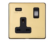 M Marcus Electrical Vintage Single 13 AMP USB Switched Socket, Polished Brass With Black Switch - X01.740.BK-USB