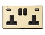 M Marcus Electrical Vintage Double 13 AMP USB Switched Socket, Polished Brass With Black Switch - X01.750.BK-USB