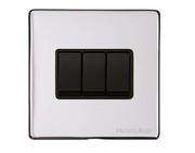 M Marcus Electrical Vintage 3 Gang 2 Way Switch, Polished Chrome With Black Switch - X02.120.BK