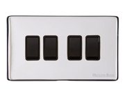 M Marcus Electrical Vintage 4 Gang 2 Way Switch, Polished Chrome With Black Switch - X02.130.BK