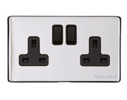 M Marcus Electrical Vintage Double 13 AMP Switched Socket, Polished Chrome With Black Switch - X02.150.BK