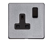M Marcus Electrical Vintage Single 13 AMP Switched Socket, Satin Chrome With Black Switch - X03.140.BK