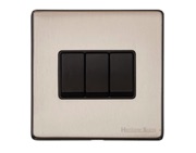 M Marcus Electrical Vintage 3 Gang 2 Way Switch, Satin Nickel With Black Switch - X05.120.BK