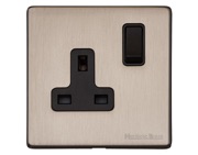 M Marcus Electrical Vintage Single 13 AMP Switched Socket, Satin Nickel With Black Switch - X05.140.BK