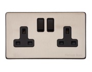 M Marcus Electrical Vintage Double 13 AMP Switched Socket, Satin Nickel With Black Switch - X05.150.BK
