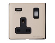 M Marcus Electrical Vintage Single 13 AMP USB Switched Socket, Satin Nickel With Black Switch - X05.740.BK-USB