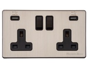 M Marcus Electrical Vintage Double 13 AMP USB Switched Socket, Satin Nickel With Black Switch - X05.750.BK-USB