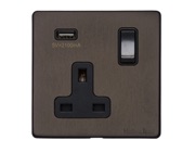 M Marcus Electrical Vintage Single 13 AMP USB Switched Socket, Matt Bronze With Black Switch - X09.740.BK-USB