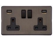 M Marcus Electrical Vintage Double 13 AMP USB Switched Socket, Matt Bronze With Black Switch - X09.750.BK-USB