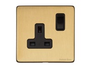 M Marcus Electrical Vintage Single 13 AMP Switched Socket, Satin Brass With Black Switch - X44.140.BK