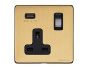 M Marcus Electrical Vintage Single 13 AMP USB Switched Socket, Satin Brass With Black Switch - X44.740.BK-USB