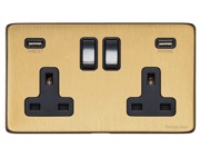 M Marcus Electrical Vintage Double 13 AMP USB Switched Socket, Satin Brass With Black Switch - X44.750.BK-USB