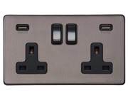 M Marcus Electrical Vintage Double 13 AMP USB Switched Socket, Satin Black Nickel With Black Switch - X66.750.BK-USB