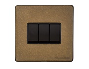 M Marcus Electrical Vintage 3 Gang 2 Way Switch, Rustic Brass With Black Switch - XRB.120.BK