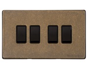 M Marcus Electrical Vintage 4 Gang 2 Way Switch, Rustic Brass With Black Switch - XRB.130.BK