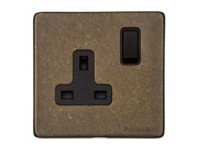 M Marcus Electrical Vintage Single 13 AMP Switched Socket, Rustic Brass With Black Switch - XRB.140.BK