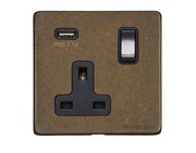 M Marcus Electrical Vintage Single 13 AMP USB Switched Socket, Rustic Brass With Black Switch - XRB.740.BK-USB