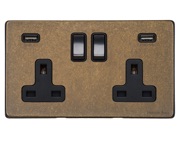 M Marcus Electrical Vintage Double 13 AMP USB Switched Socket, Rustic Brass With Black Switch - XRB.750.BK-USB