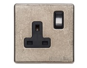 M Marcus Electrical Vintage Single 13 AMP Switched Socket, Rustic Nickel With Black Switch - XRN.140.BK