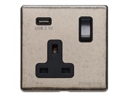 M Marcus Electrical Vintage Single 13 AMP USB Switched Socket, Rustic Nickel With Black Switch - XRN.740.BK-USB