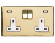 M Marcus Electrical Studio Double 13 AMP USB Switched Socket, Polished Brass (Black OR White Trim) - Y01.255-USB