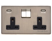 M Marcus Electrical Studio Double 13 AMP USB Switched Socket, Satin Nickel (Black OR White Trim) - Y05.255.SN-USB