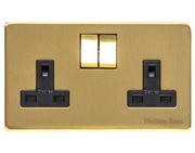 M Marcus Electrical Studio Double 13 AMP Switched Socket, Satin Brass (Black Trim) - Y44.250.SBBK