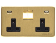 M Marcus Electrical Studio Double 13 AMP USB Switched Socket, Satin Brass (Black Trim) - Y44.255.SBBK