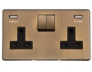 M Marcus Electrical Studio Double 13 AMP Switched Socket, Antique Brass (Black Trim) - Y91.255.ABB-USB
