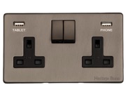 M Marcus Electrical Studio Double 13 AMP Switched Socket, Aged Pewter (Black Trim) - YAP.255.APB-USB